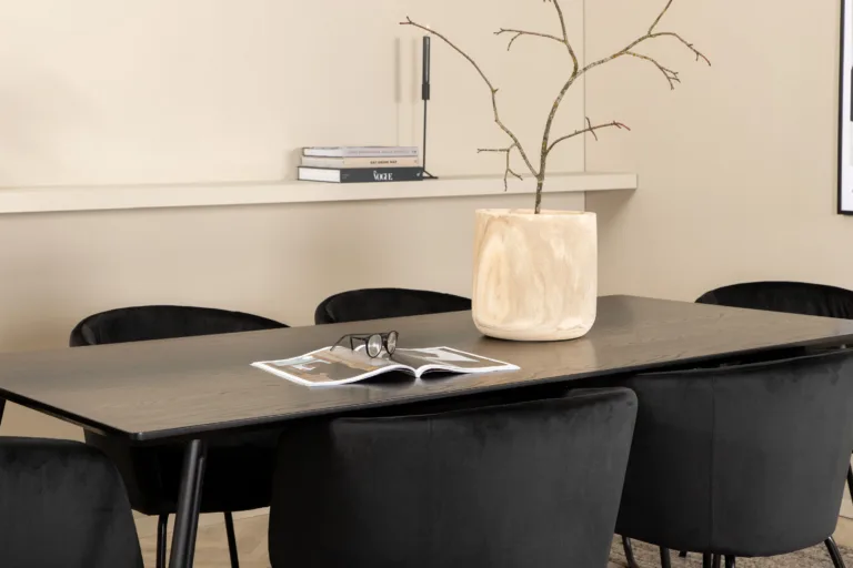 Ristkülikukujuline söögilauakomplekt Petra (must MDF, 6 velvetkattega tooli) - GR22331