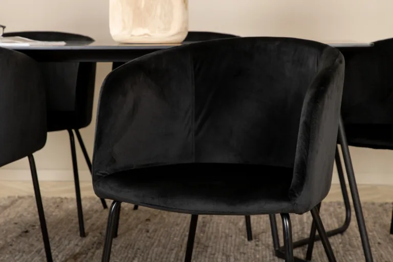 Ristkülikukujuline söögilauakomplekt Petra (must MDF, 6 velvetkattega tooli) - GR22331