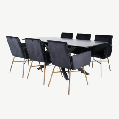 Ristkülikukujuline söögilauakomplekt Piazza (must MDF, 6 musta sametist Petra tooli, vasksete jalgadega) - GR22527