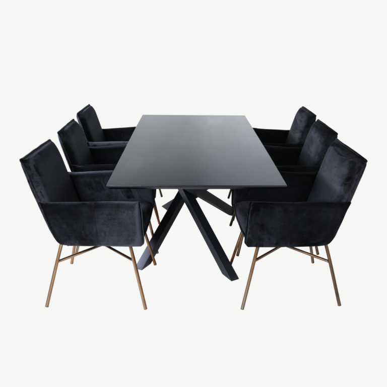 Ristkülikukujuline söögilauakomplekt Piazza (must MDF, 6 musta sametist Petra tooli, vasksete jalgadega) - GR22527