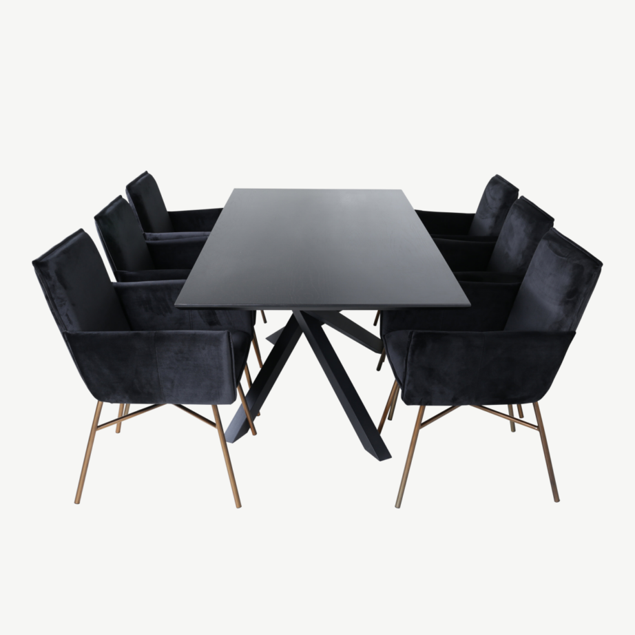 Ristkülikukujuline söögilauakomplekt Piazza (must MDF, 6 musta sametist Petra tooli, vasksete jalgadega), GR22527 – 3