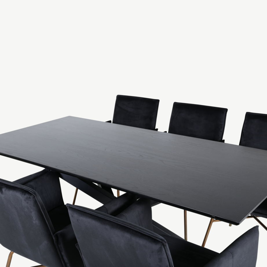 Ristkülikukujuline söögilauakomplekt Piazza (must MDF, 6 musta veluurist tooli), GR22522