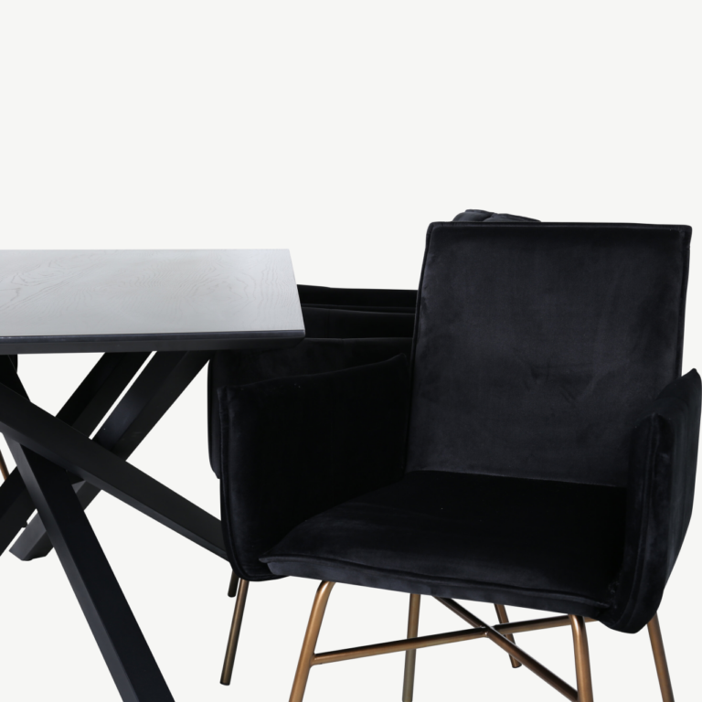 Ristkülikukujuline söögilauakomplekt Piazza (must MDF, 6 musta sametist Petra tooli, vasksete jalgadega) - GR22527