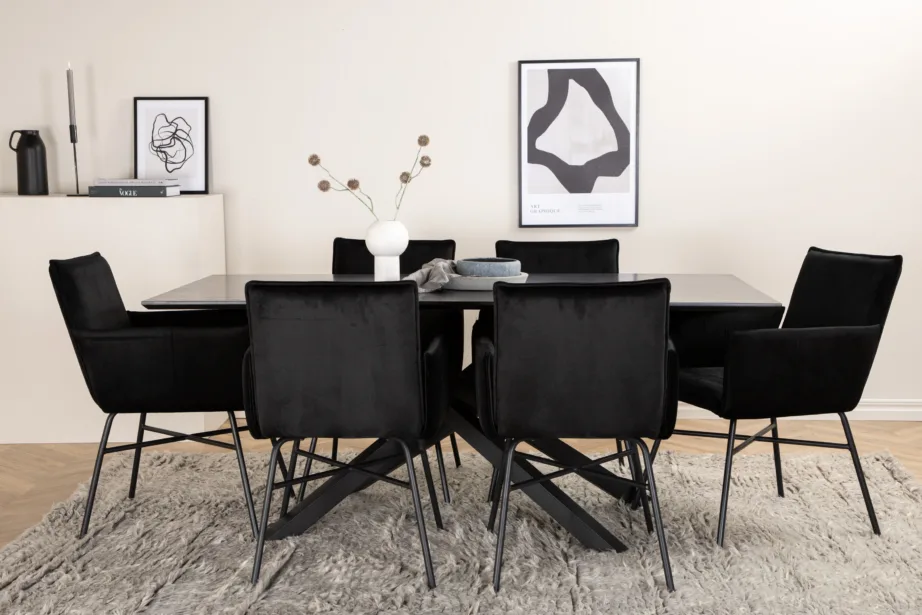 Ristkülikukujuline söögilauakomplekt Piazza (must MDF, 6 musta veluurist tooli), GR22522 – 5