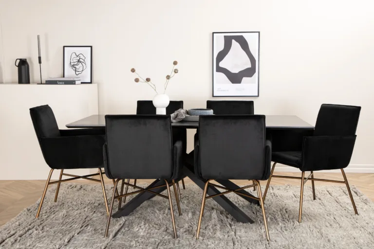 Ristkülikukujuline söögilauakomplekt Piazza (must MDF, 6 musta sametist Petra tooli, vasksete jalgadega) - GR22527