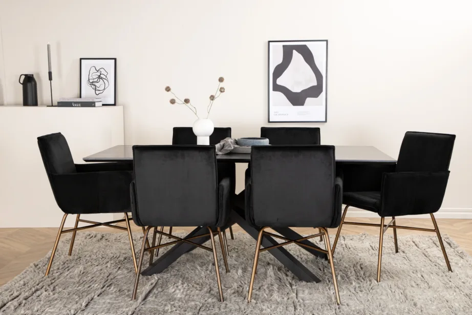 Ristkülikukujuline söögilauakomplekt Piazza (must MDF, 6 musta sametist Petra tooli, vasksete jalgadega), GR22527 – 5