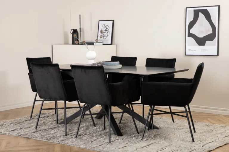 Ristkülikukujuline söögilauakomplekt Piazza (must MDF, 6 musta veluurist tooli) - GR22522