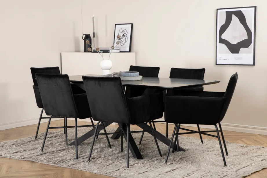 Ristkülikukujuline söögilauakomplekt Piazza (must MDF, 6 musta veluurist tooli), GR22522 – 6