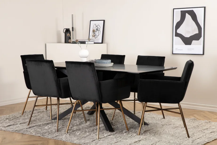 Ristkülikukujuline söögilauakomplekt Piazza (must MDF, 6 musta sametist Petra tooli, vasksete jalgadega), GR22527 – 6