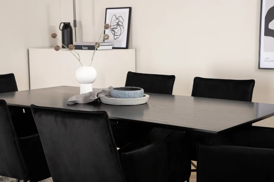 Ristkülikukujuline söögilauakomplekt Piazza (must MDF, 6 musta veluurist tooli), GR22522 – 7