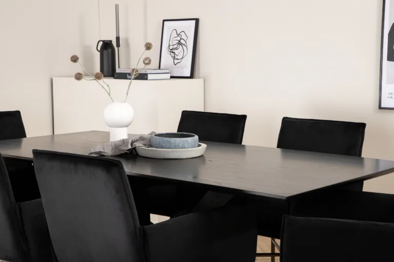 Ristkülikukujuline söögilauakomplekt Piazza (must MDF, 6 musta sametist Petra tooli, vasksete jalgadega) - GR22527