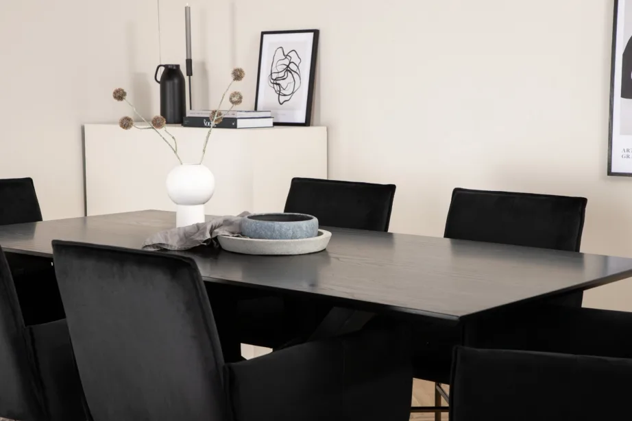 Ristkülikukujuline söögilauakomplekt Piazza (must MDF, 6 musta sametist Petra tooli, vasksete jalgadega), GR22527 – 7