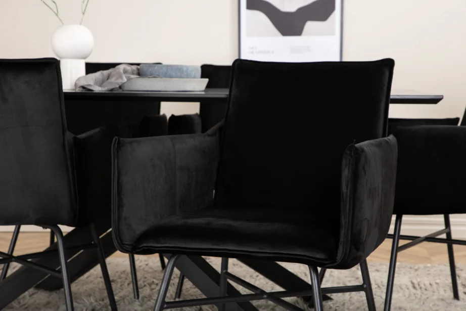 Ristkülikukujuline söögilauakomplekt Piazza (must MDF, 6 musta veluurist tooli), GR22522 – 9