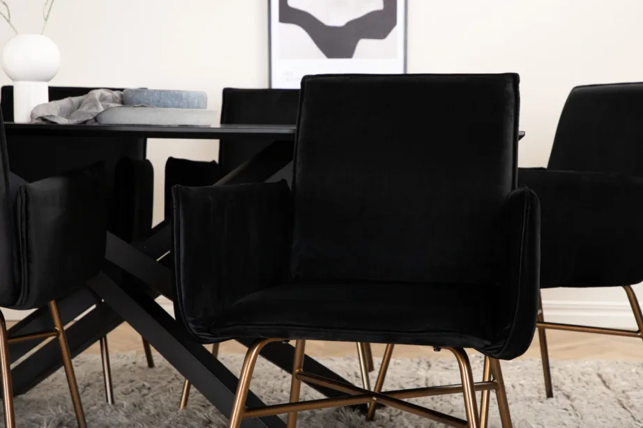 Ristkülikukujuline söögilauakomplekt Piazza (must MDF, 6 musta sametist Petra tooli, vasksete jalgadega), GR22527 – 9