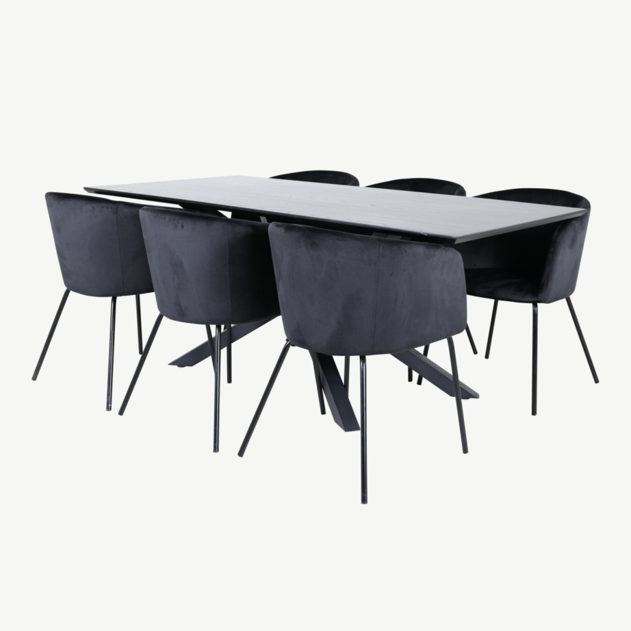 Ristkülikukujuline söögilauakomplekt Piazza, must MDF vineer, 6 musta sametist tooli Berit, GR22524 – 2