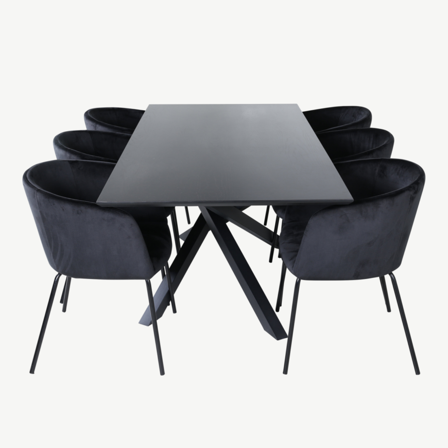 Ristkülikukujuline söögilauakomplekt Piazza, must MDF vineer, 6 musta sametist tooli Berit, GR22524 – 3