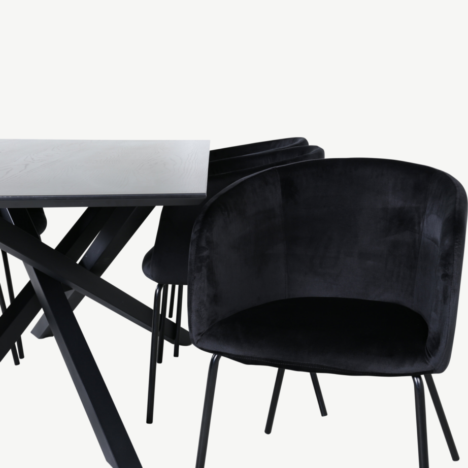 Ristkülikukujuline söögilauakomplekt Piazza, must MDF vineer, 6 musta sametist tooli Berit, GR22524 – 4