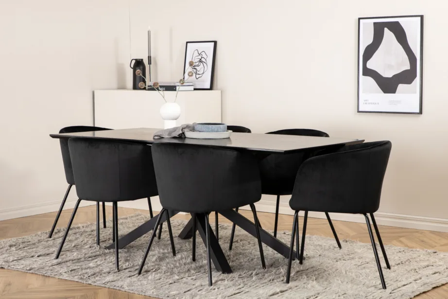 Ristkülikukujuline söögilauakomplekt Piazza, must MDF vineer, 6 musta sametist tooli Berit, GR22524 – 6