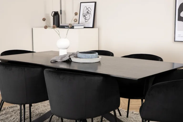 Ristkülikukujuline söögilauakomplekt Piazza, must MDF vineer, 6 musta sametist tooli Berit - GR22524