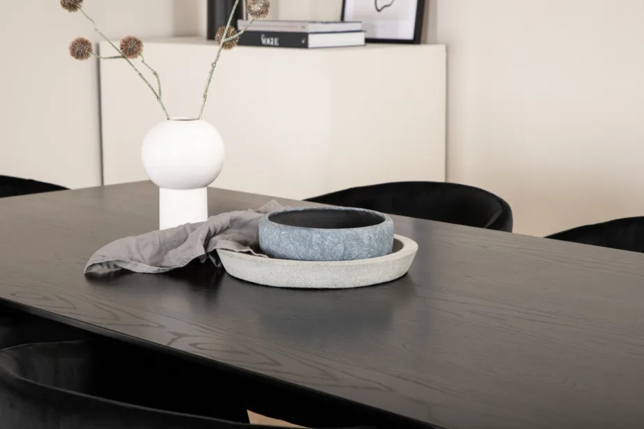 Ristkülikukujuline söögilauakomplekt Piazza, must MDF vineer, 6 musta sametist tooli Berit, GR22524 – 8