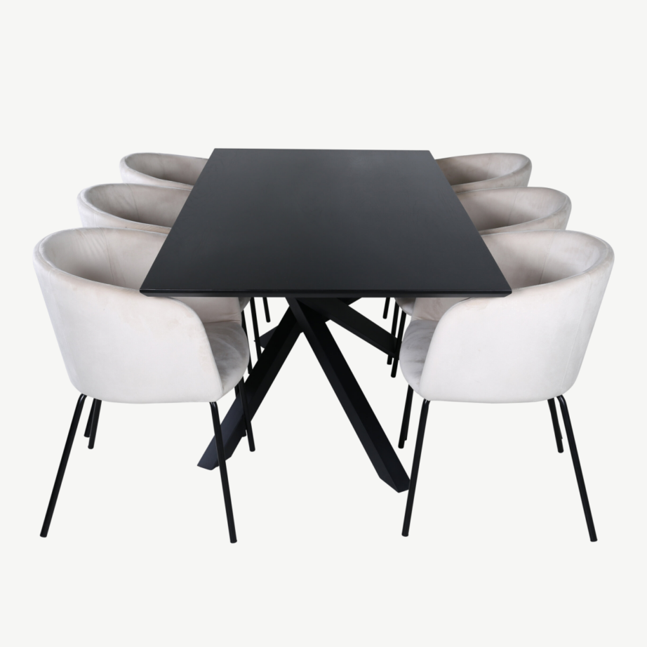 Ristkülikukujuline söögilauakomplekt Piazza, must laud ja beeži sametkattega Berit toolid (6 tk), GR22272 – 2