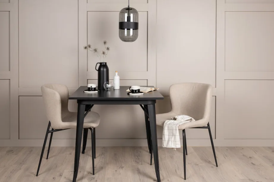 Ristkülikukujuline söögilauakomplekt Tempe, must MDF laud ja beežid buklee toolid, GR23003 – 8