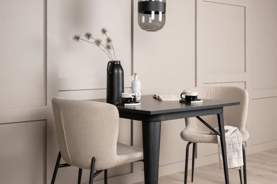 Ristkülikukujuline söögilauakomplekt Tempe, must MDF laud ja beežid buklee toolid, GR23003 – 9