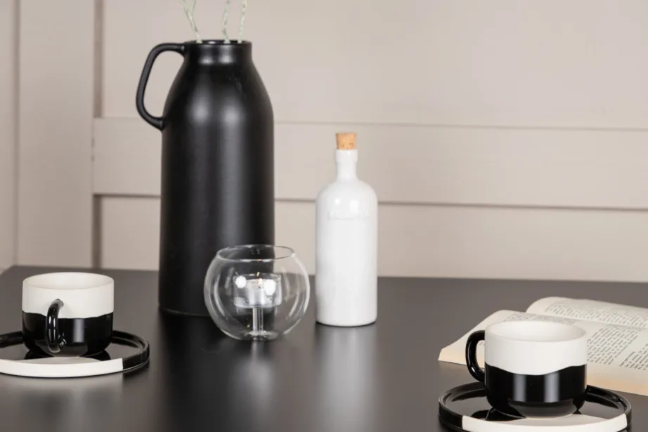 Ristkülikukujuline söögilauakomplekt Tempe, must MDF laud ja beežid buklee toolid, GR23003 – 11