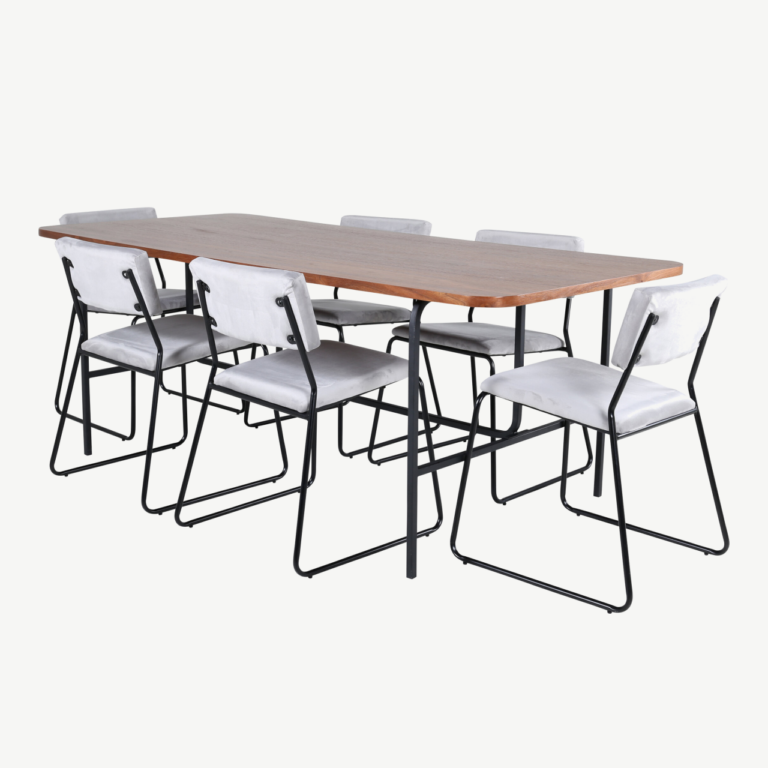 Ristkülikukujuline söögilauakomplekt Uno (pähklispoon, must metall, hall sametist toolid) - GR22397