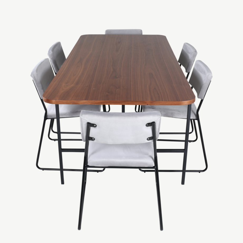 Ristkülikukujuline söögilauakomplekt Uno (pähklispoon, must metall, hall sametist toolid), GR22397 – 10