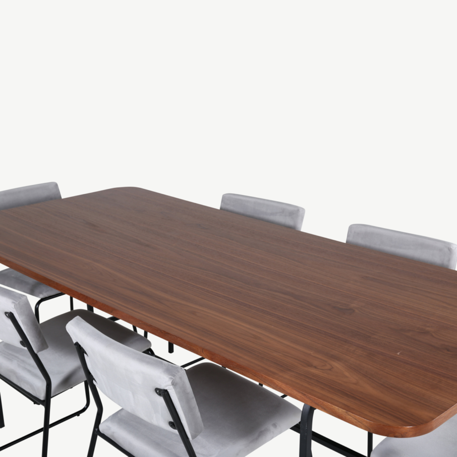 Uno ristkülikukujuline söögilaua komplekt, pähklispoon ja mustad polüestertoolid (6 tk), GR22146 – 21