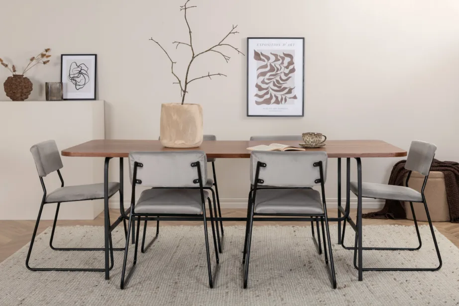 Uno ristkülikukujuline söögilaua komplekt, pähklispoon ja mustad polüestertoolid (6 tk), GR22146 – 23