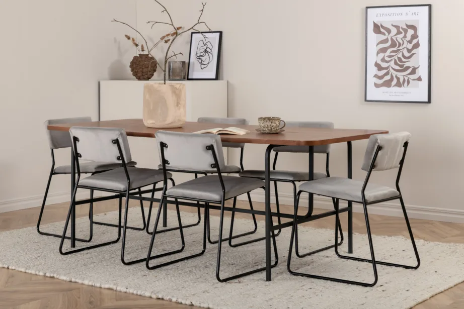 Uno ristkülikukujuline söögilaua komplekt, pähklispoon ja mustad polüestertoolid (6 tk), GR22146 – 24