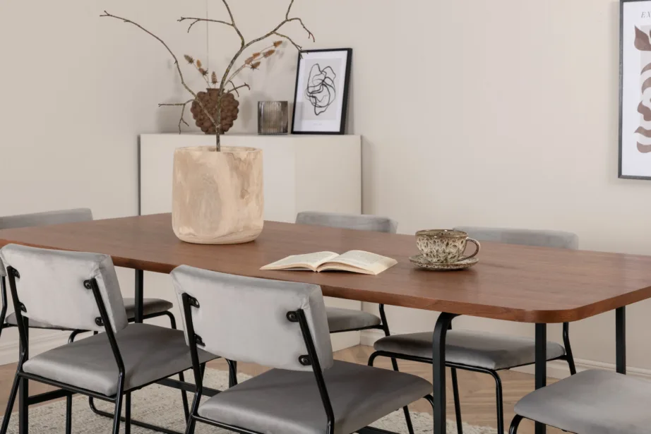 Uno ristkülikukujuline söögilaua komplekt, pähklispoon ja mustad polüestertoolid (6 tk), GR22146 – 27