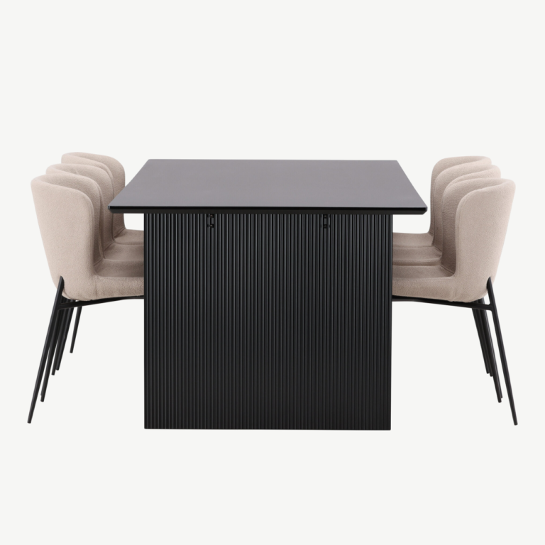 Ristkülikukujuline söögilauakomplekt Vail, must MDF, 6 polsterdatud bouclé-tooli - GR22972