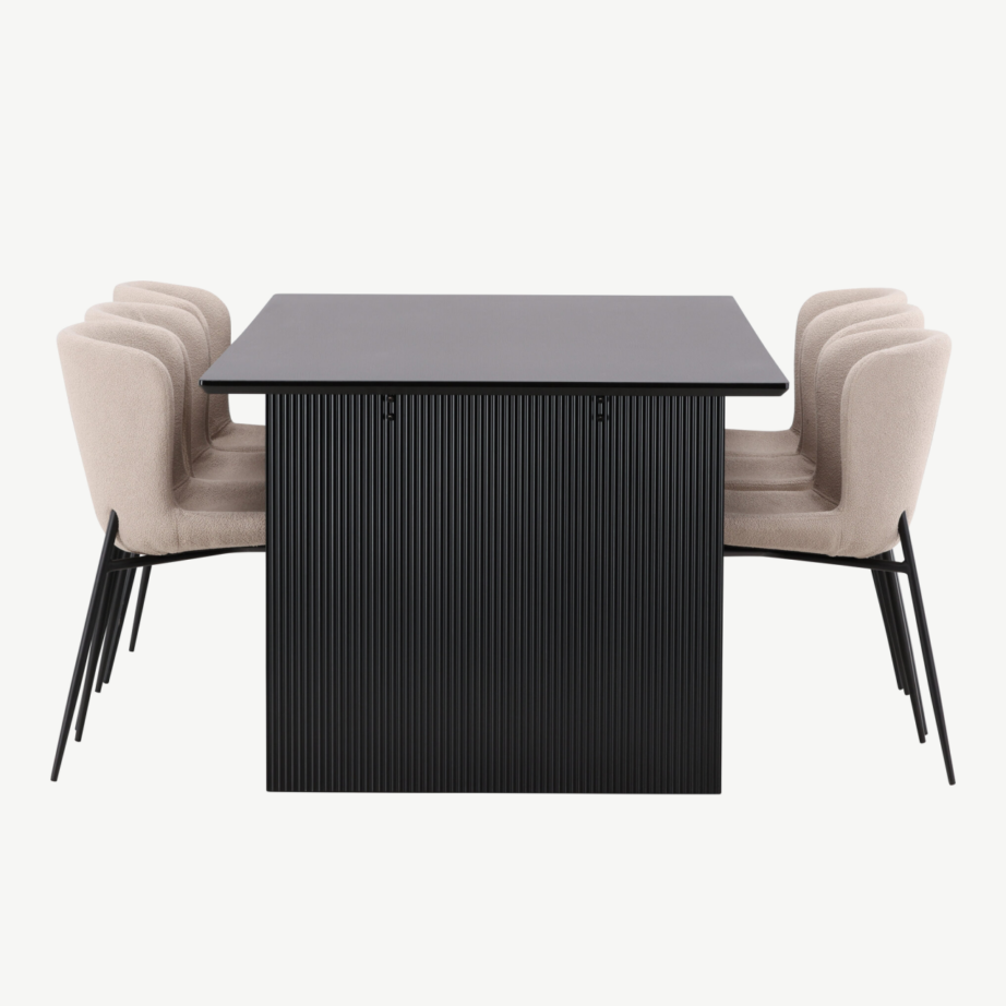 Ristkülikukujuline söögilauakomplekt Vail, must MDF, 6 polsterdatud bouclé-tooli, GR22972 – 2