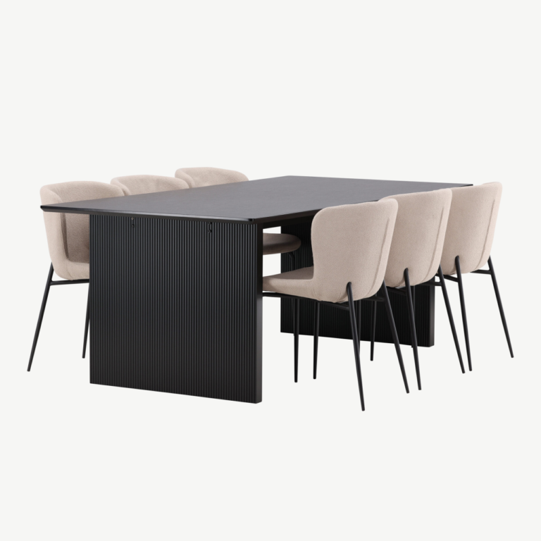 Ristkülikukujuline söögilauakomplekt Vail, must MDF, 6 polsterdatud bouclé-tooli - GR22972