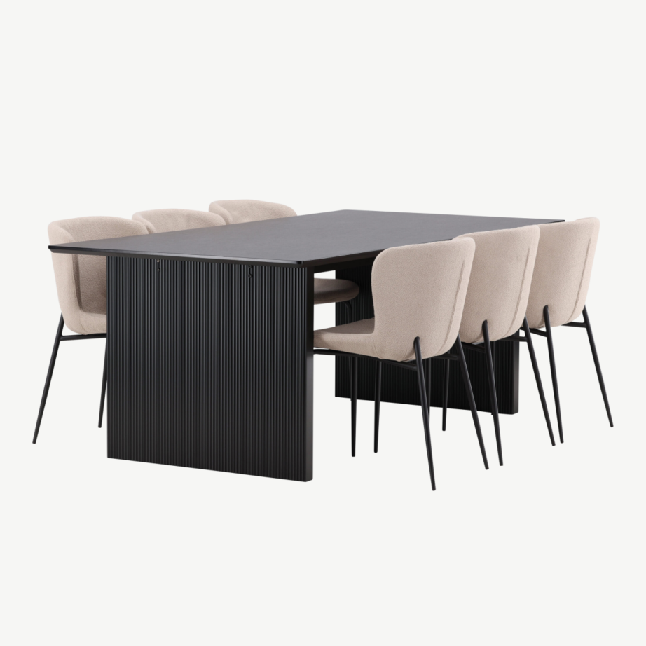 Ristkülikukujuline söögilauakomplekt Vail, must MDF, 6 polsterdatud bouclé-tooli, GR22972 – 3