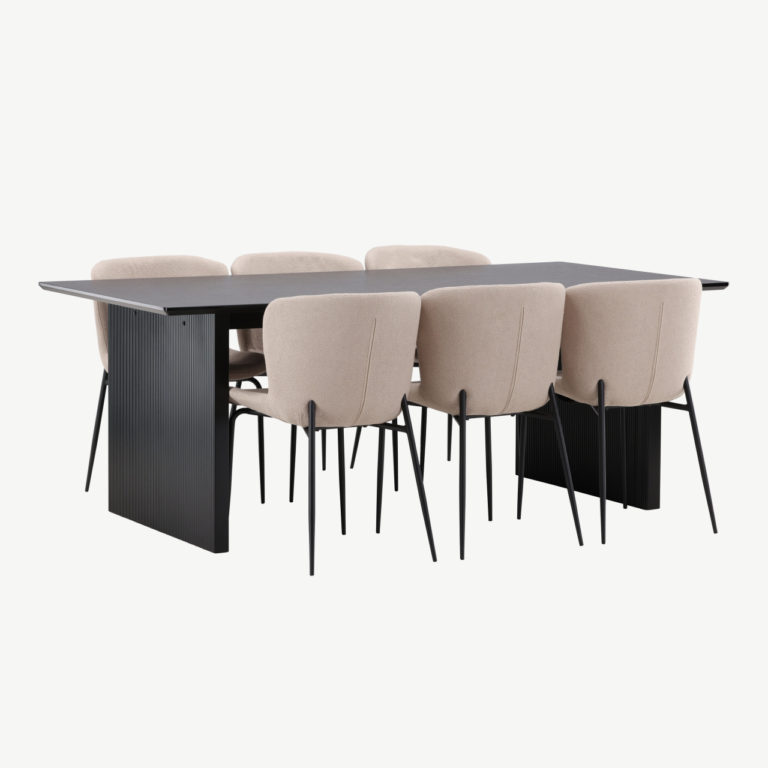 Ristkülikukujuline söögilauakomplekt Vail, must MDF, 6 polsterdatud bouclé-tooli - GR22972