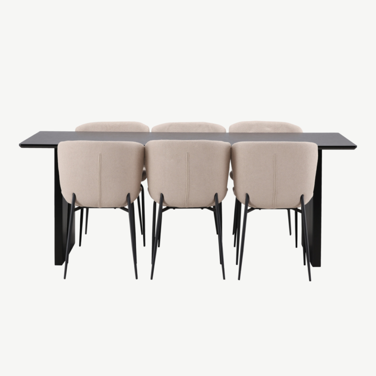 Ristkülikukujuline söögilauakomplekt Vail, must MDF, 6 polsterdatud bouclé-tooli - GR22972