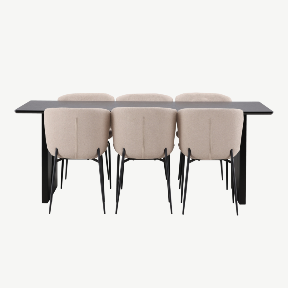 Ristkülikukujuline söögilauakomplekt Vail, must MDF, 6 polsterdatud bouclé-tooli, GR22972 – 5