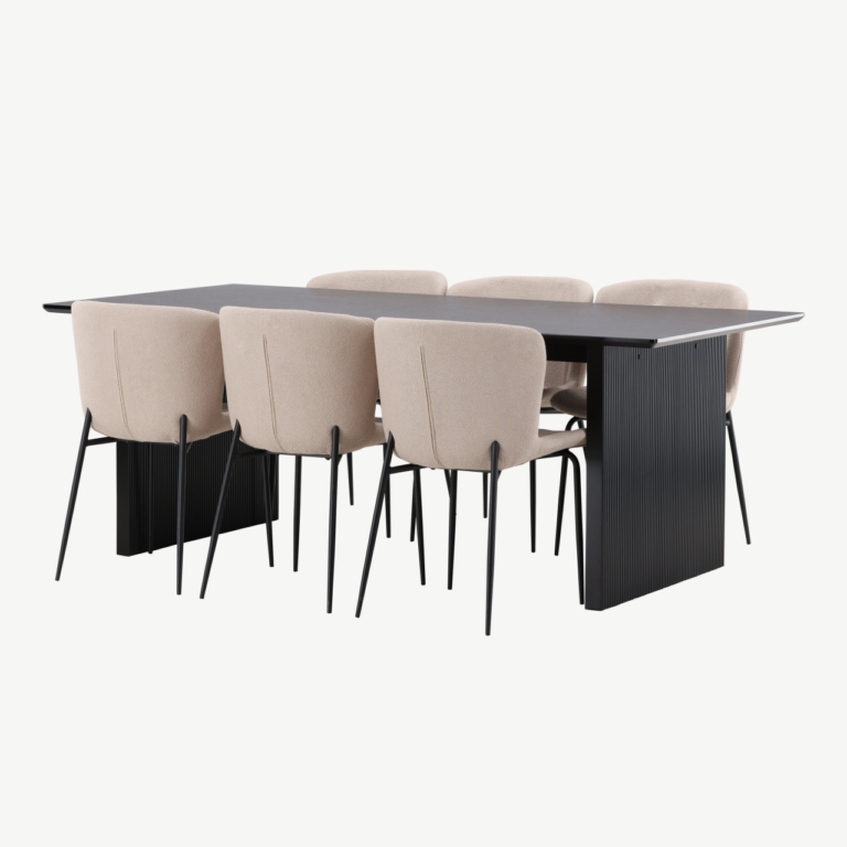 Ristkülikukujuline söögilauakomplekt Vail, must MDF, 6 polsterdatud bouclé-tooli - GR22972