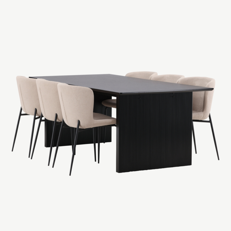 Ristkülikukujuline söögilauakomplekt Vail, must MDF, 6 polsterdatud bouclé-tooli - GR22972