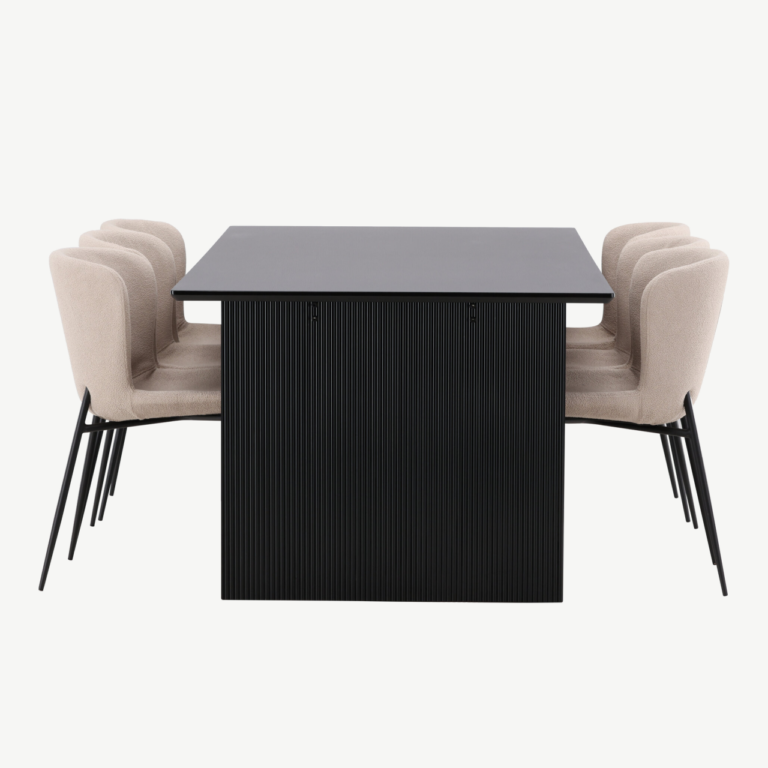 Ristkülikukujuline söögilauakomplekt Vail, must MDF, 6 polsterdatud bouclé-tooli - GR22972