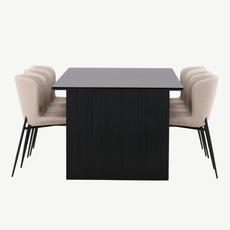 Ristkülikukujuline söögilauakomplekt Vail, must MDF, 6 polsterdatud bouclé-tooli, GR22972 – 7