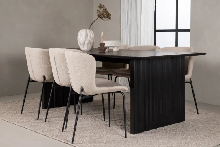 Ristkülikukujuline söögilauakomplekt Vail, must MDF, 6 polsterdatud bouclé-tooli - GR22972