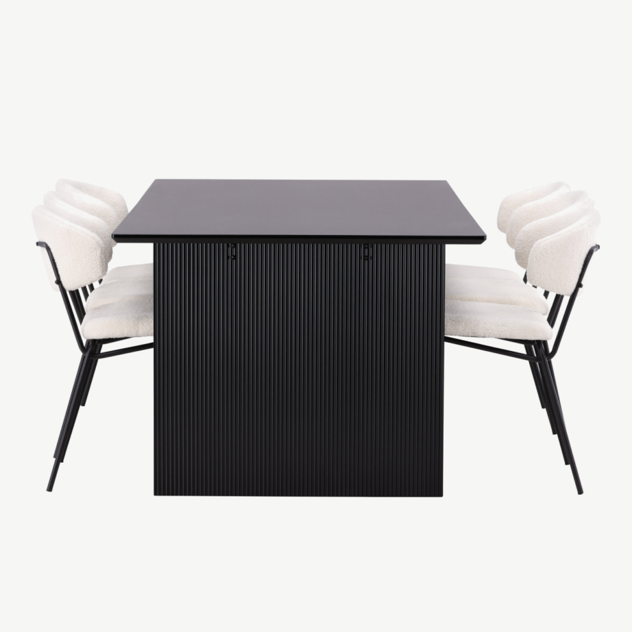 Ristkülikukujuline söögilauakomplekt Vail (must MDF laud ja valged bukleekangast toolid), GR22964 – 2