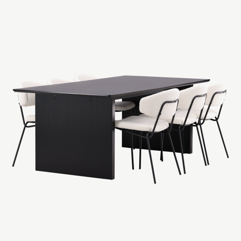 Ristkülikukujuline söögilauakomplekt Vail (must MDF laud ja valged bukleekangast toolid), GR22964 – 3