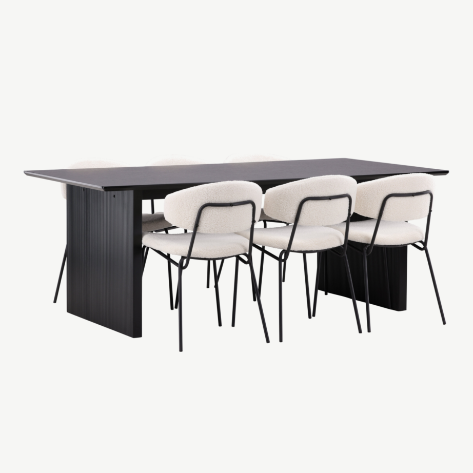 Ristkülikukujuline söögilauakomplekt Vail (must MDF laud ja valged bukleekangast toolid), GR22964 – 4