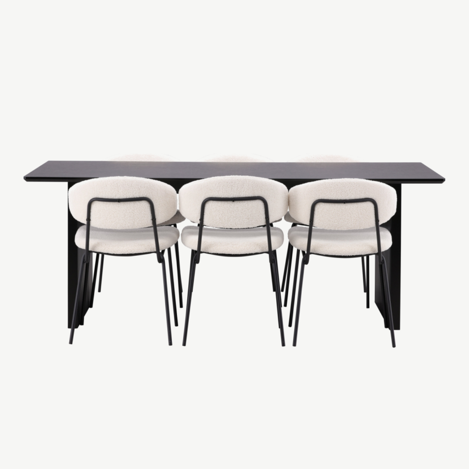 Ristkülikukujuline söögilauakomplekt Vail (must MDF laud ja valged bukleekangast toolid), GR22964 – 5
